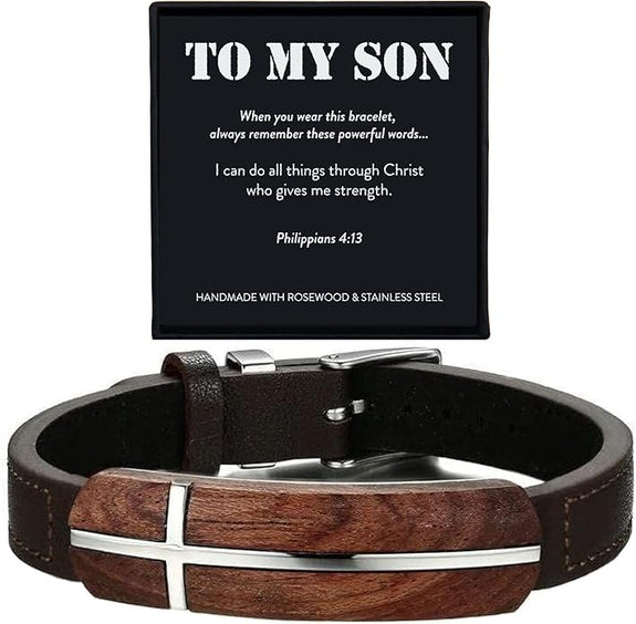 To My Son Men's Rosewood Cross Bracelet | Philippians 4:13
