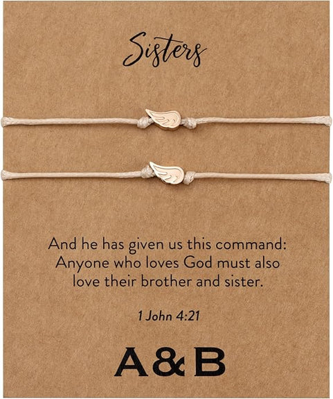 Sisters Double Bracelet Charm Bracelet with Angel Wings | 1 John 4:21