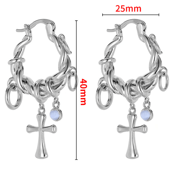 Opal Bead and Cross Symbol Hoop Earrings