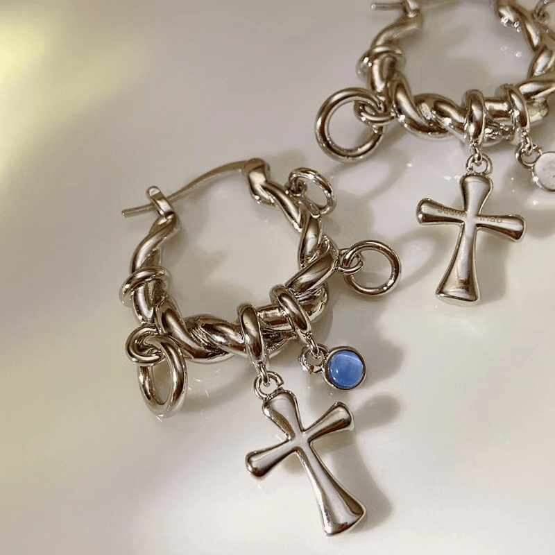 Opal Bead and Cross Symbol Hoop Earrings