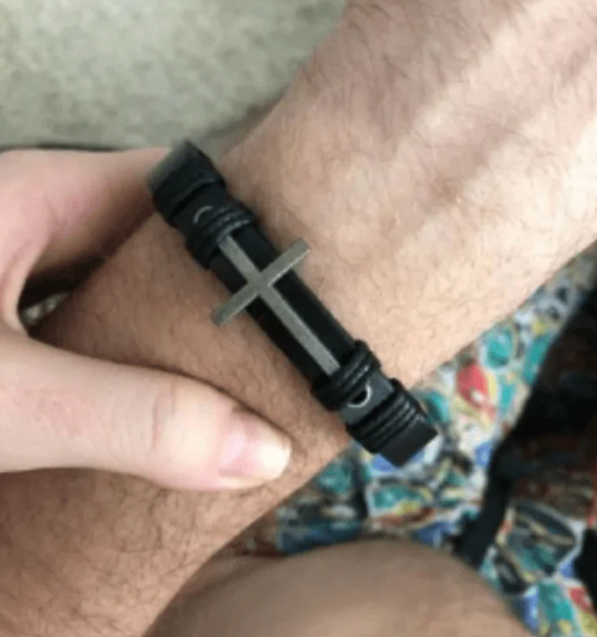 christian black rope bracelet with steel cross