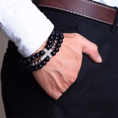 Silver Cross Bracelet With Black Beads 