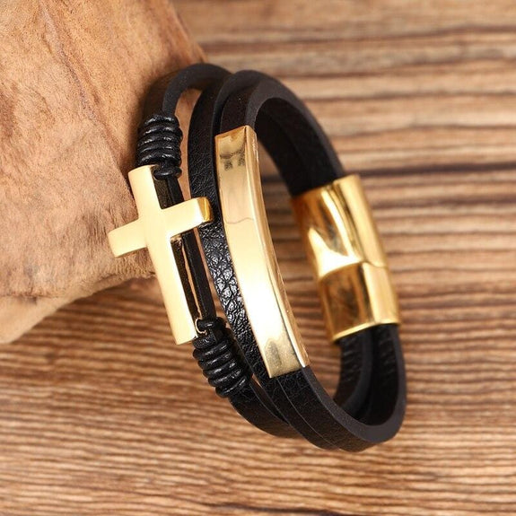 Men's Leather Cuff Bracelet with Cross Gold