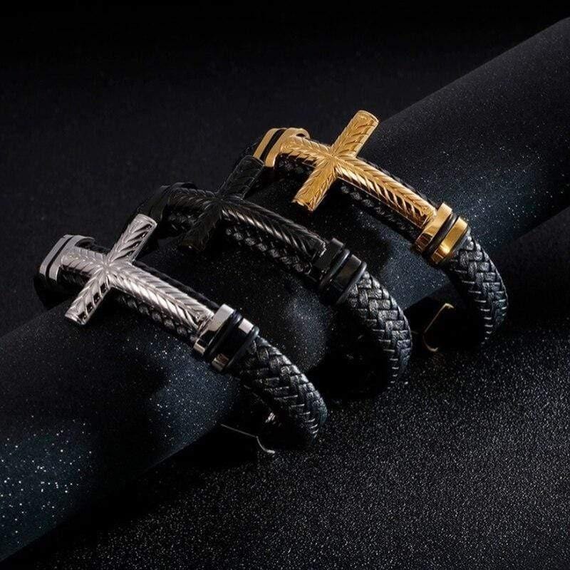 black cross bracelet braided leather