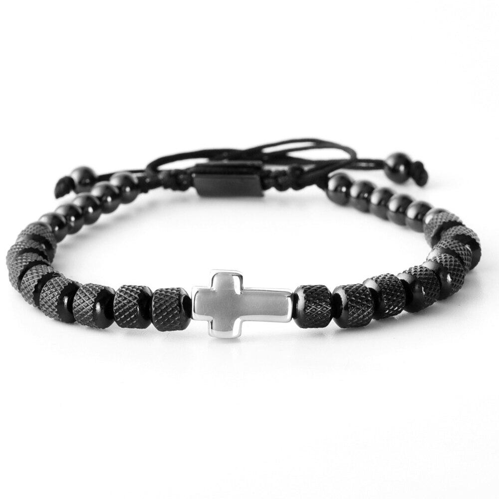 mens-beaded-cross-bracelet-with-stainless-steel black silver