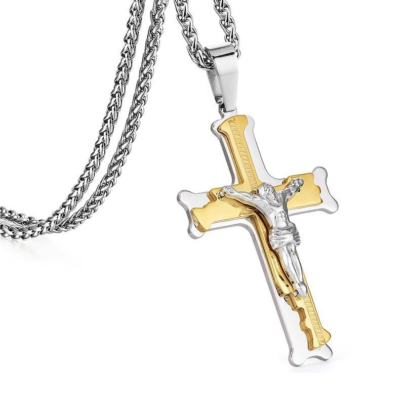 Men's Christian Necklace  Crucifix (Steel Gold)