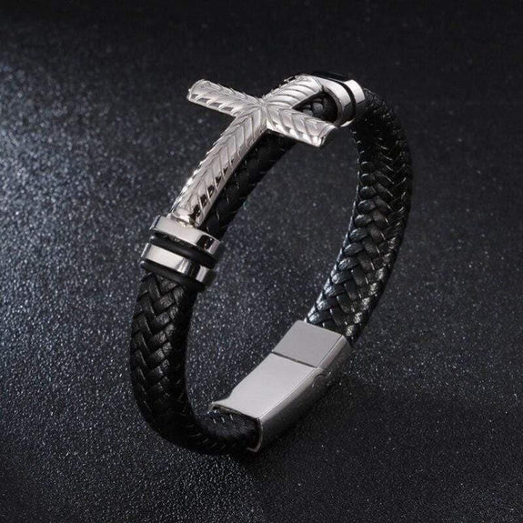 Black Leather Cross Bracelet stainless steel