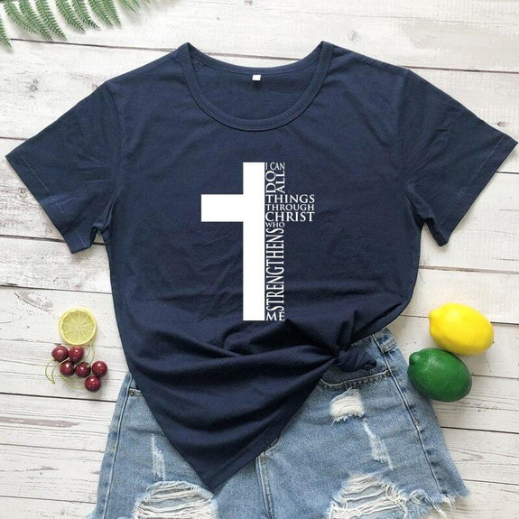 womens cross t-shirt i-can-do-all-things-through-christ