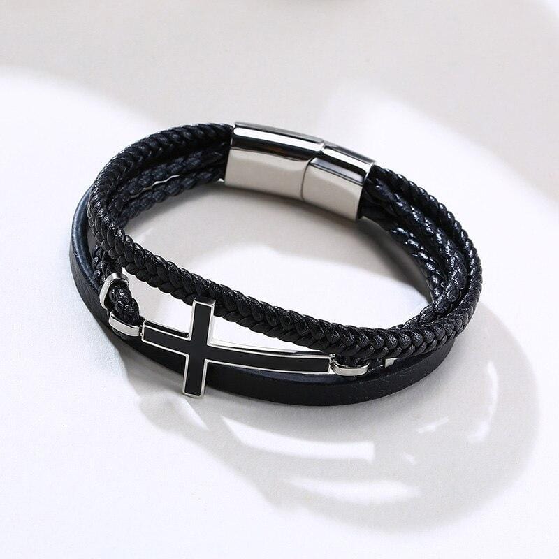 cross bracelet leather band stainless steel
