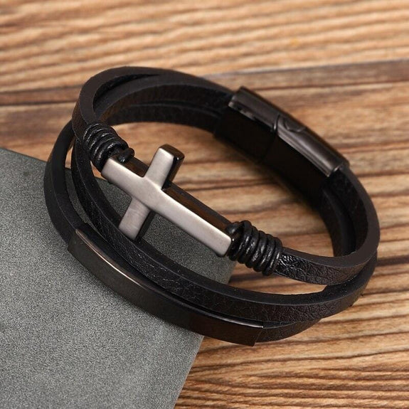 Leather Cuff Bracelet with Cross christian