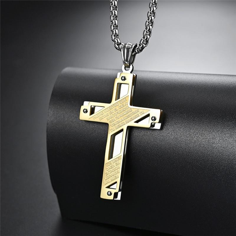 padre nuestro cross necklace stainless steel