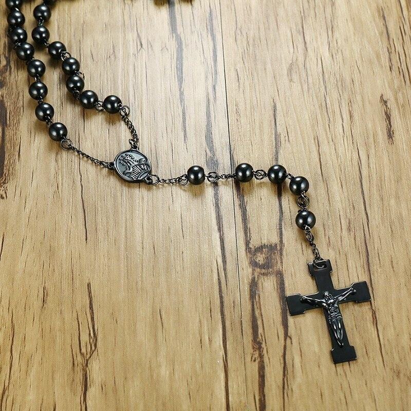 mens rosary necklace black stainless steel