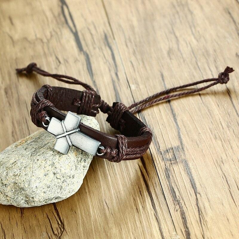 cross bracelet with leather band alloy steel