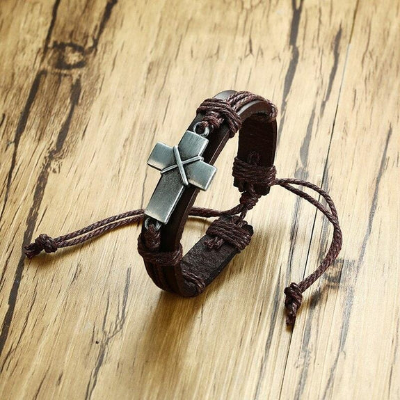 cross bracelet with genuine leather band