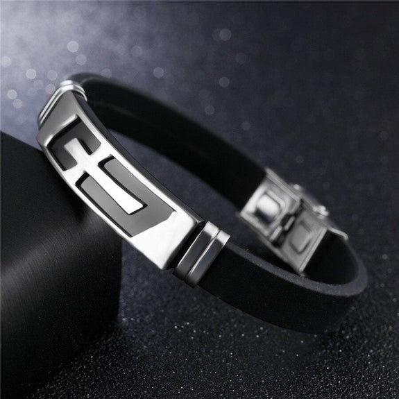 men's stainless steel cross bracelet silicone black