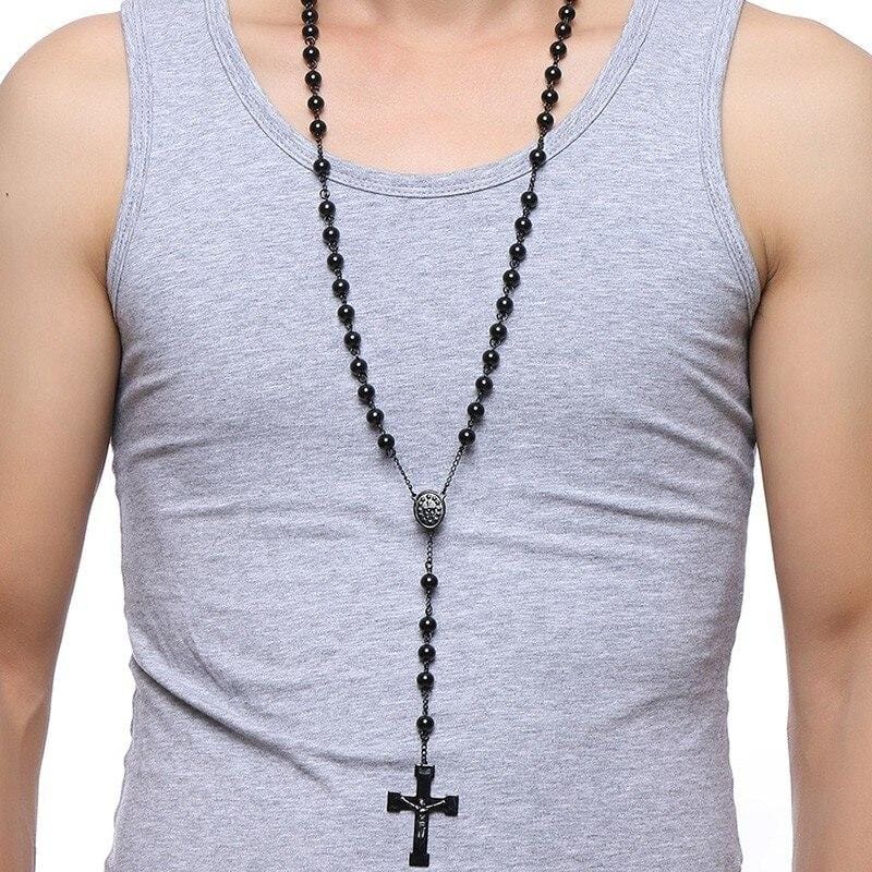mens rosary necklace black beaded