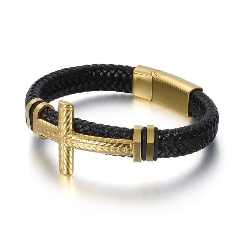 Black Leather Cross Bracelet 