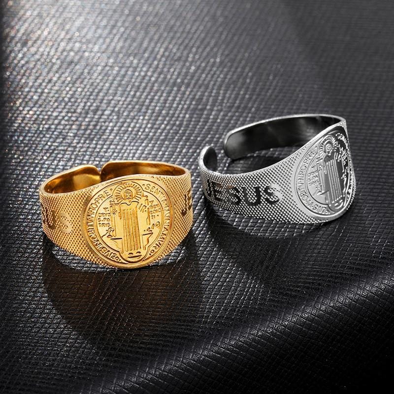 Adjustable Stainless Steel Jesus Saint Benedict Ring - Catholic Religious Jewelry, 316L, Gothic Style