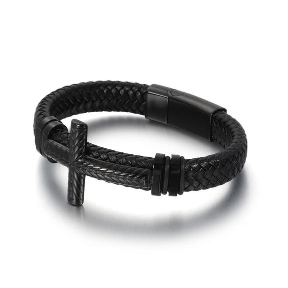 full Black Leather Cross Bracelet 