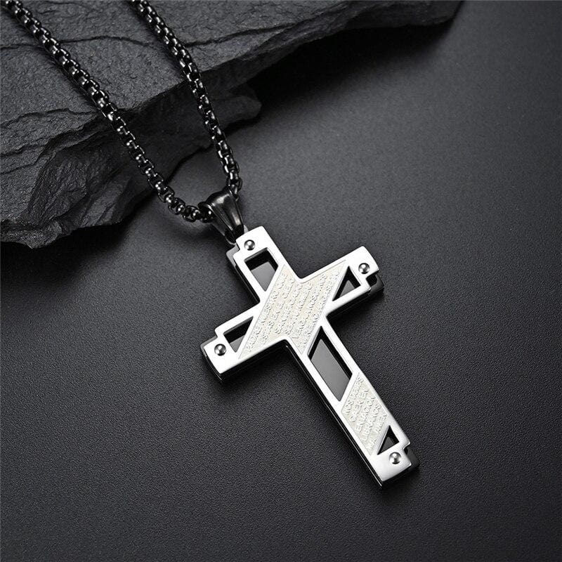 padre nuestro cross necklace black and steel