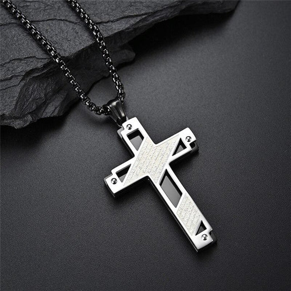 padre nuestro cross necklace black and steel