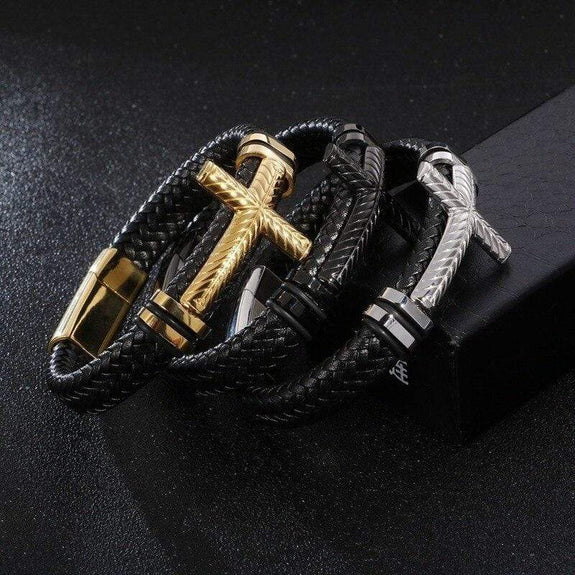 Black Leather Cross Bracelets