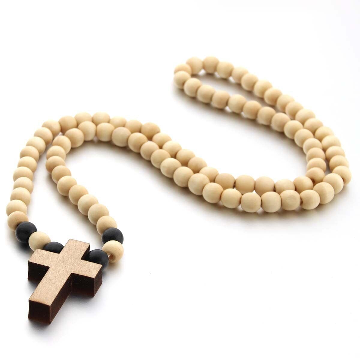 Men's Wooden Bead Cross Necklace beige