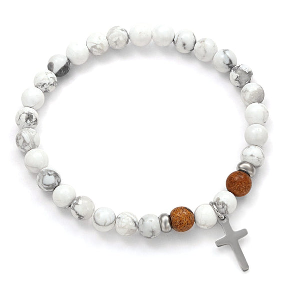 Natural Stone Bead Bracelet with Cross Charm