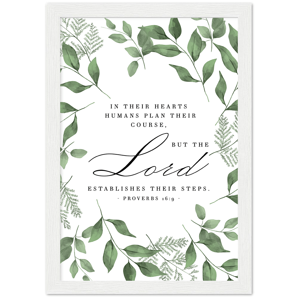 Proverbs 16:9 Leaves Border Matte Poster Wooden Frame (A4)