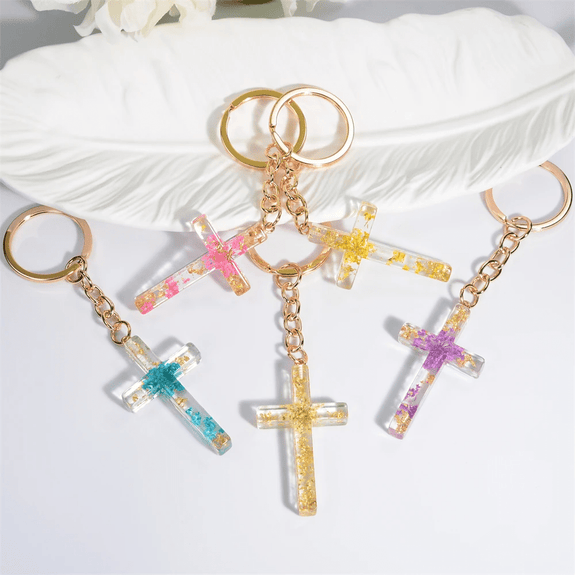 Resin Christian Cross Keychain with Dry Flower Filling