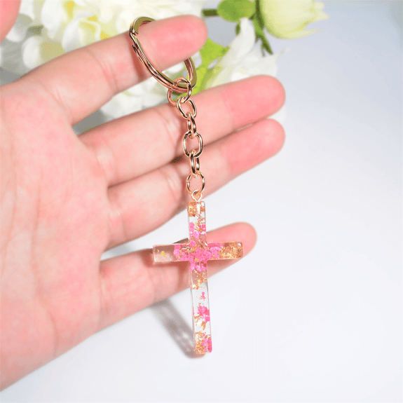Resin Christian Cross Keychain with Dry Flower Filling