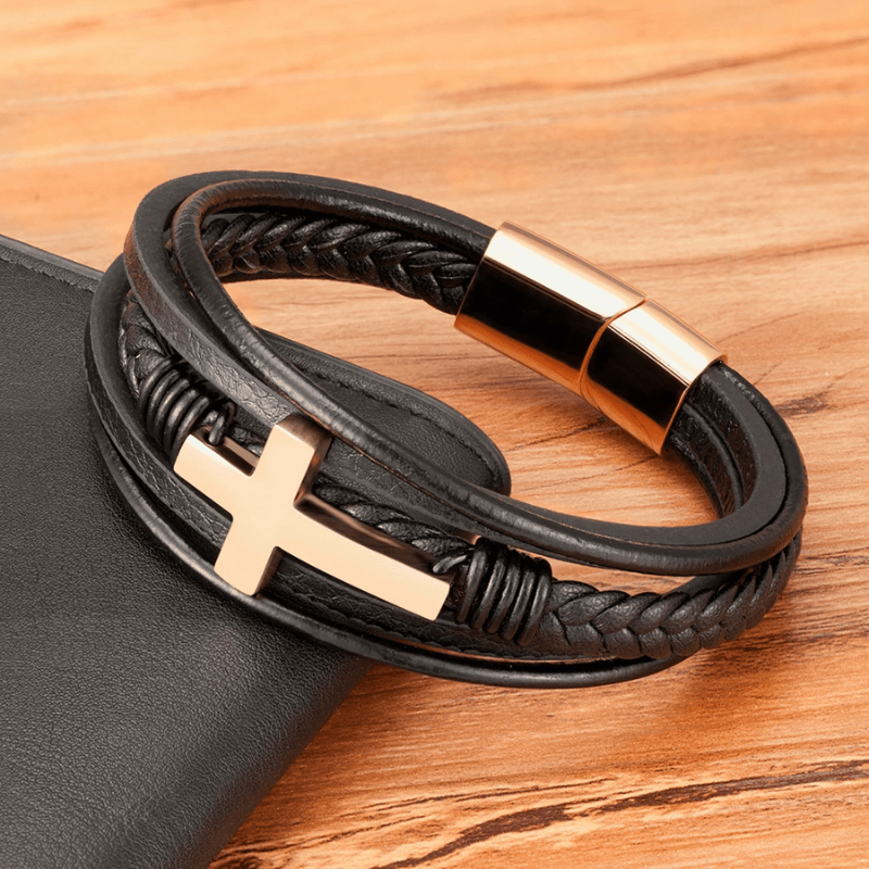 golden cross bracelet leather for men