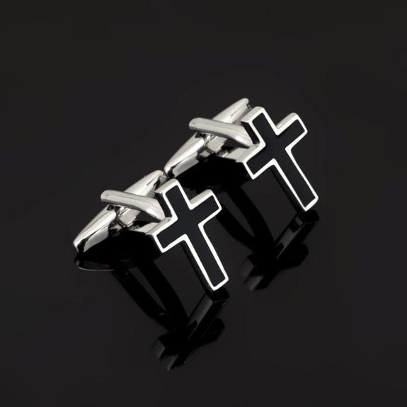 Silver and Black Christian Cross Cufflinks