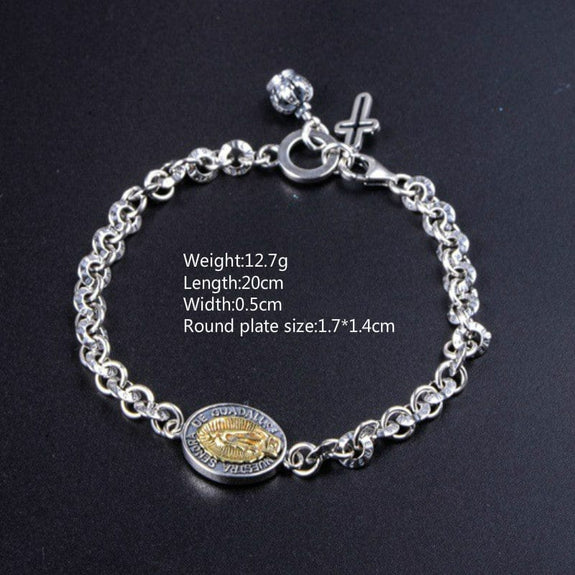 Sterling Silver Virgin Mary Chain Bracelet with Cross Charm