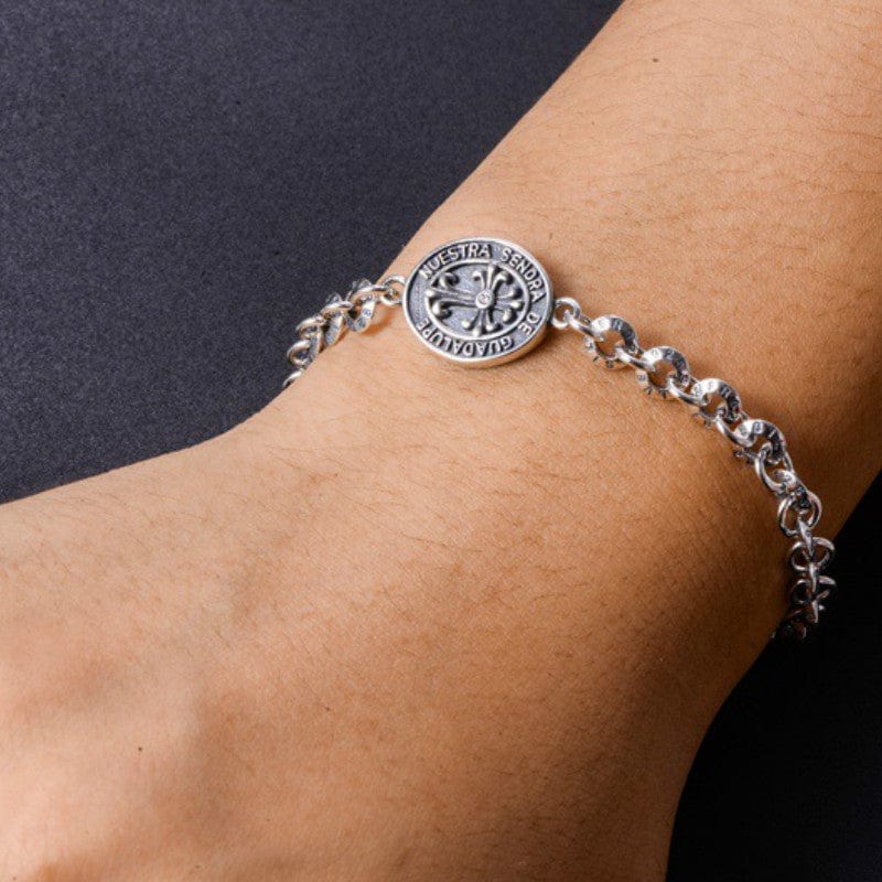 Sterling Silver Virgin Mary Chain Bracelet with Cross Charm