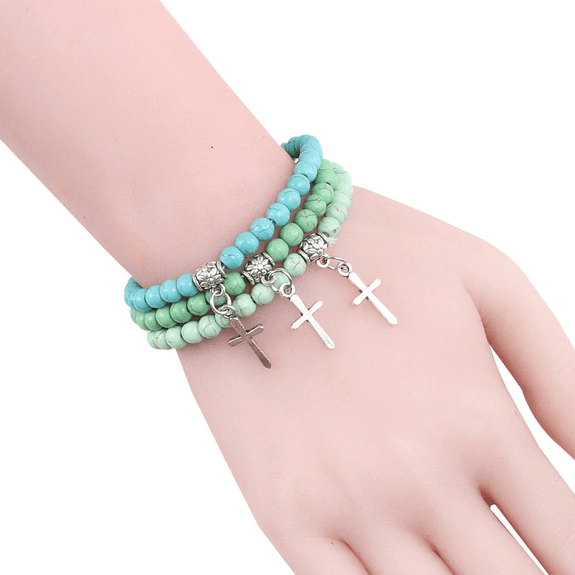 Stone Bead Religious Bracelet with Cross Charm