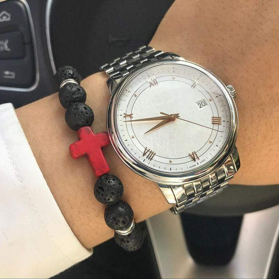 black bracelet with red cross