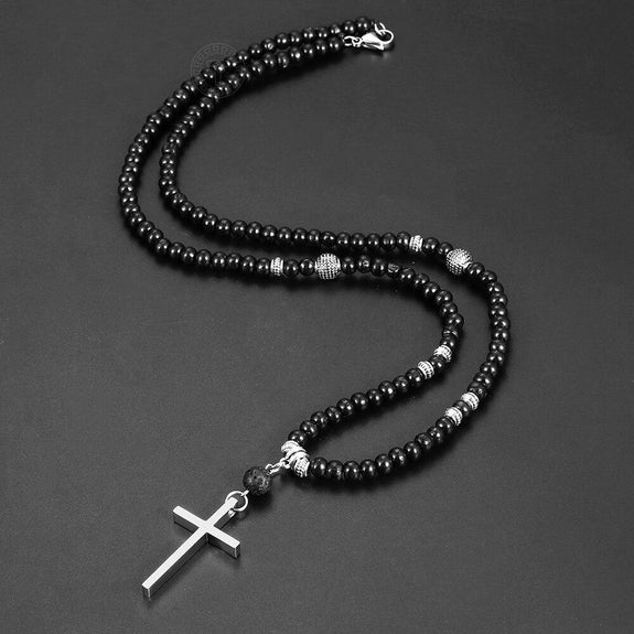 Black Men's Beaded Necklace With Cross