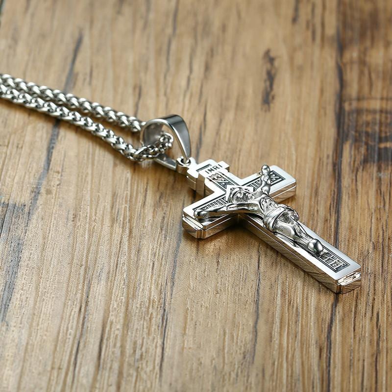 Black and steel INRI Crucifix Necklace