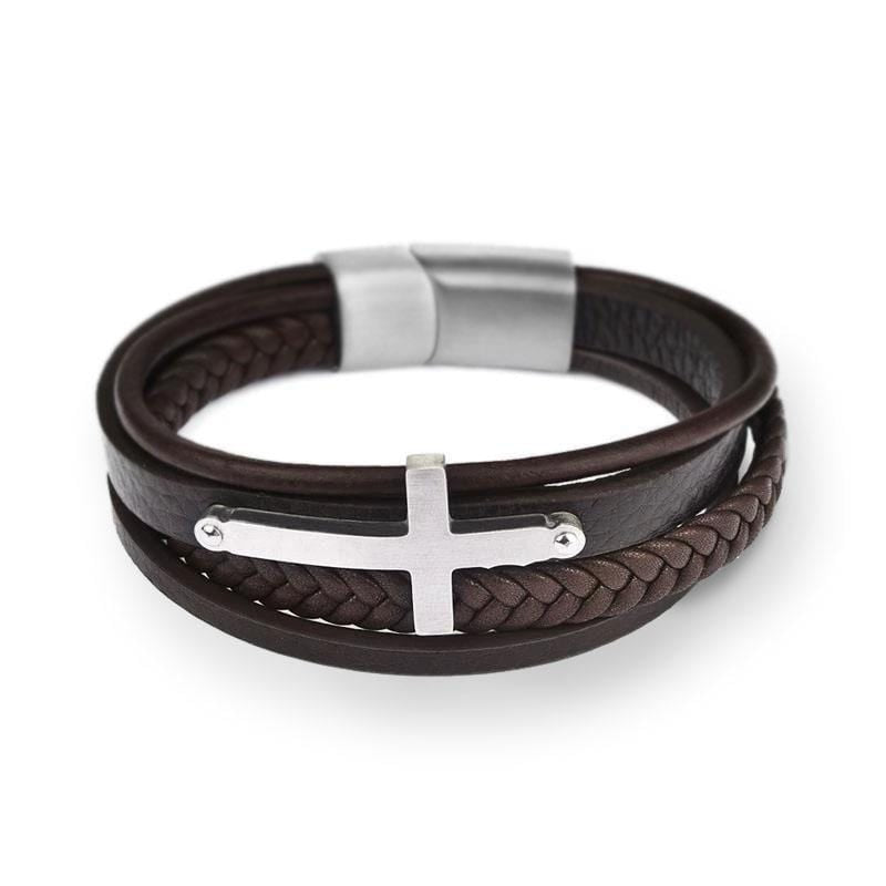 Brown Leather Men's Cross Bracelet