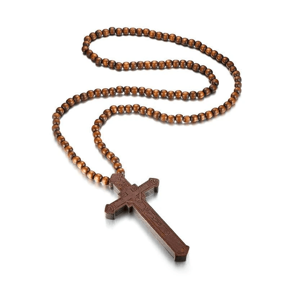Wooden Bead Cross Necklace brown