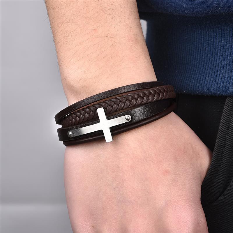 Cross bracelet for men with brown leather