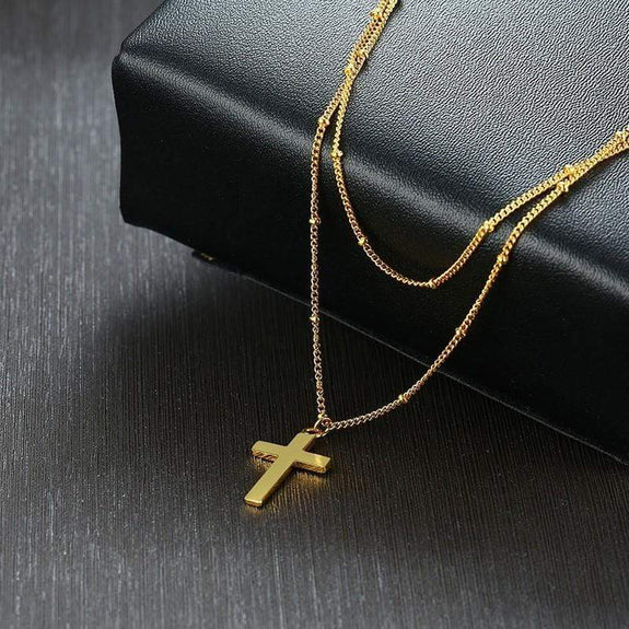 gold double layer cross necklace