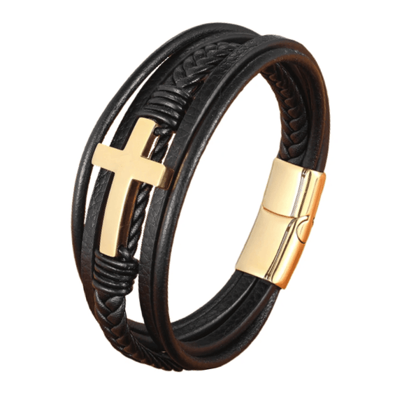 mens leather cross bracelet gold