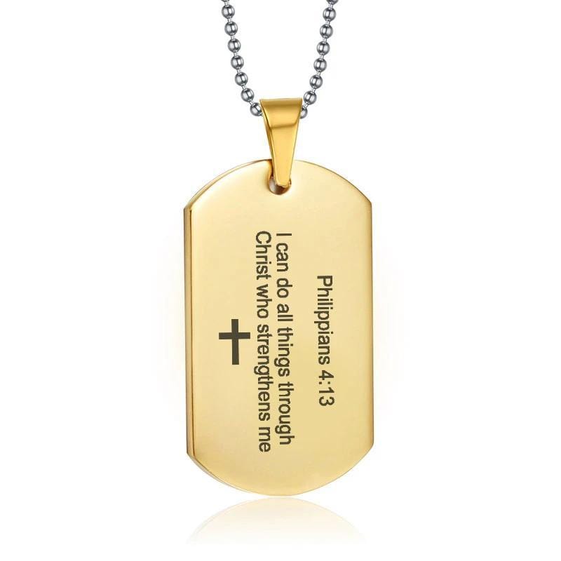 philippians 4:13 dog tag necklace gold