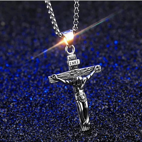 Steel Cross Necklace with INRI 