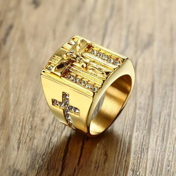 Men's Vintage Cross Signet Ring - Stainless Steel Religious Jewelry With Hand Of God