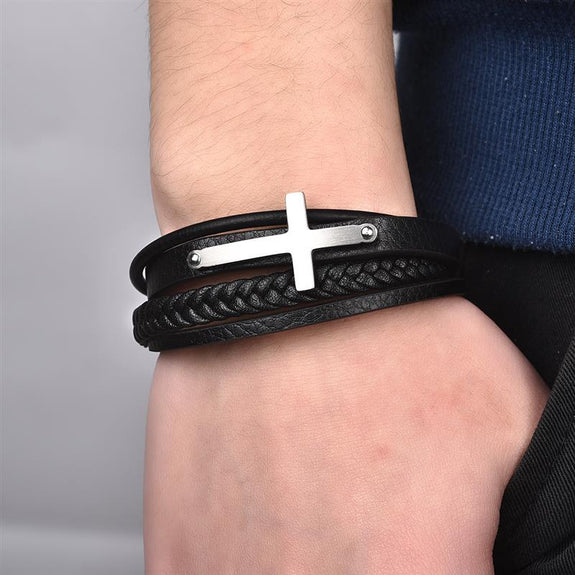 Black Leather Men's Bracelet with Cross