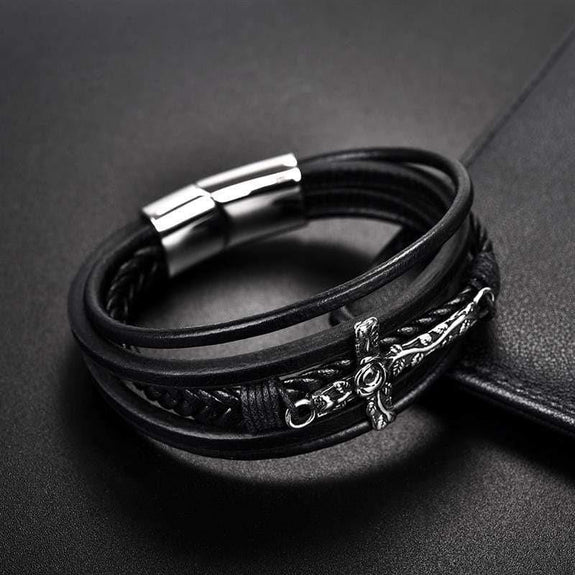Black Leather Bracelet with Flower