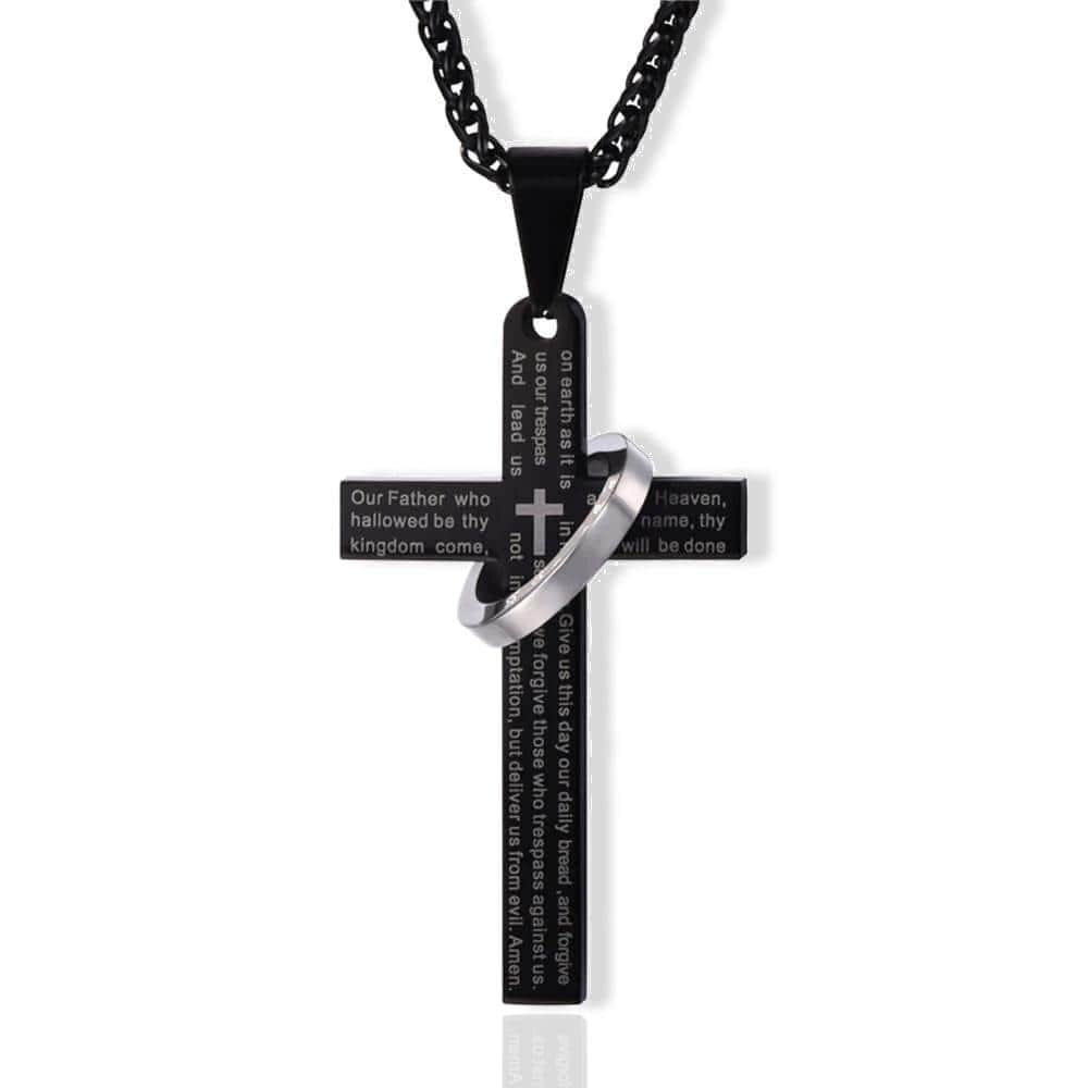 Lord's Prayer Ring Cross Necklace black